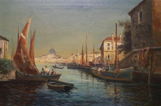 After Antoine Bouvard, pair of oils on canvas, Venetian canal scenes, 39 x 59cm